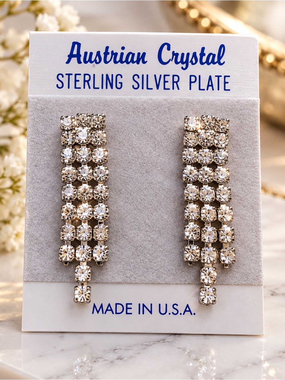 Austrian Crystal Linear Drop Earrings Sterling Silver Plate Rhinestone